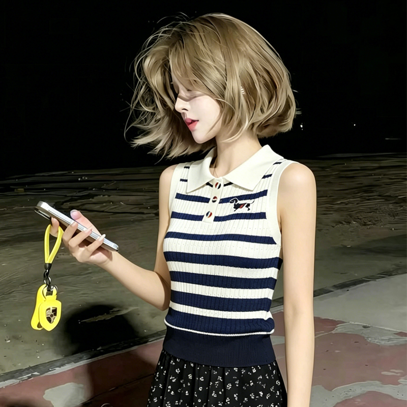 College Style Striped Polo Collar Sleeveless Knitted Vest for Women, New Summer Style with Puppy Embroidery, Slim Fit Top