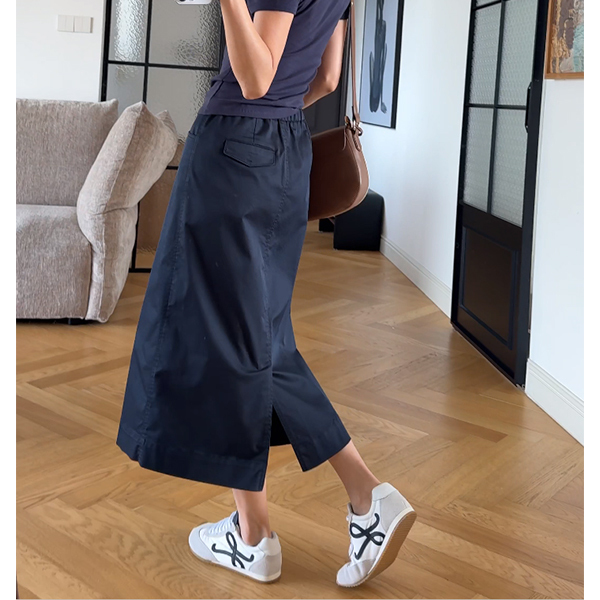 【Yibei Eby】Ribbon Design Long Skirt, Commuter Half Skirt, Navy Blue Elastic Waist Skirt, Women's Skirt 241393 #