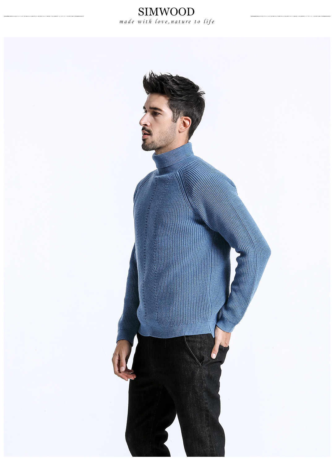 Simwood đơn giản nam gỗ 2018 thu đông mới phối áo len len cao cổ len raglan tay áo len sweater nam