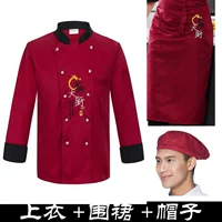 Красный лонгслив, фартук, шапка