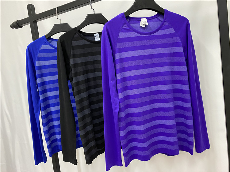 Defect Clearance Summer Breathable Thin Loose Round Neck Stretch Ladies Striped Large Size Quick Dry Long Sleeve T-Shirt 9418