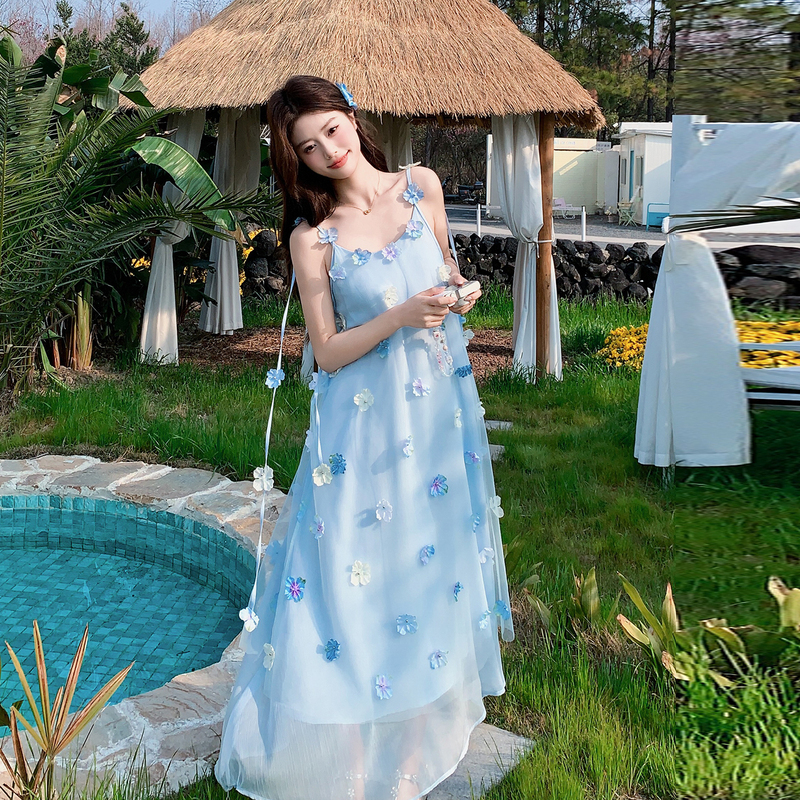Blue French-Style Elegant Holiday-Style Mesh Dress for Women, Summer Stunning Three-Dimensional Floral Strap Dress, 2026 New Model
