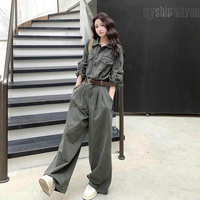 Gray-Green Retro Design Workwear Denim Jumpsuit for Women 2026 Spring New Korean Style Casual Jumpsuit