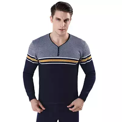 Winter men's plus velvet thickened thermal underwear set knitted fashion outer wear pure cotton V-neck heating underwear pants