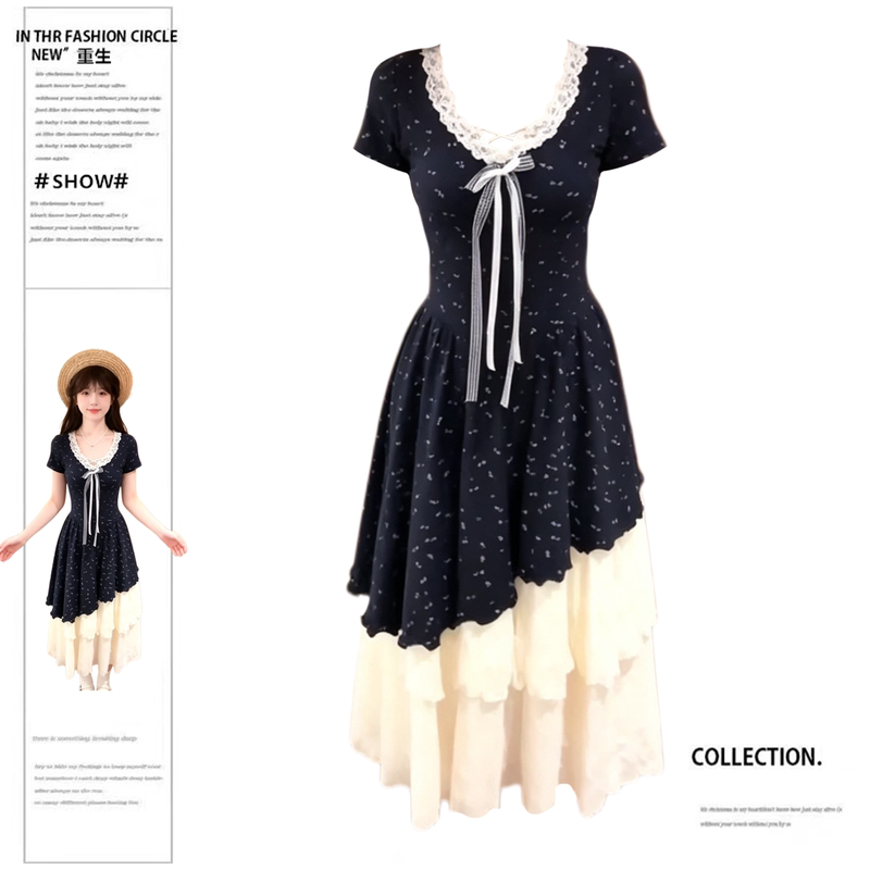 Rebirth Chubby Girl Sweet Girly Style Bow Halter Cake Dress Women's Navy Blue Gentle Temperament Long Dress