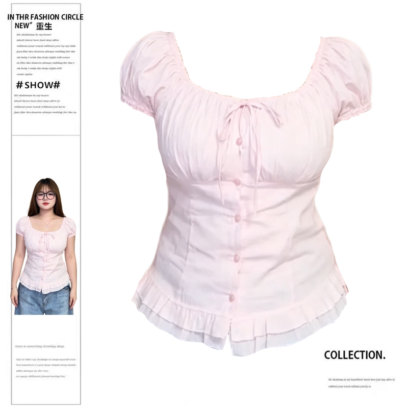 Rebirth Style for Slightly Chubby Women: Sweet Pink Puff Sleeve Shirt, New Summer Style with Tie Waist and Ruffled Edges, Stunning Top