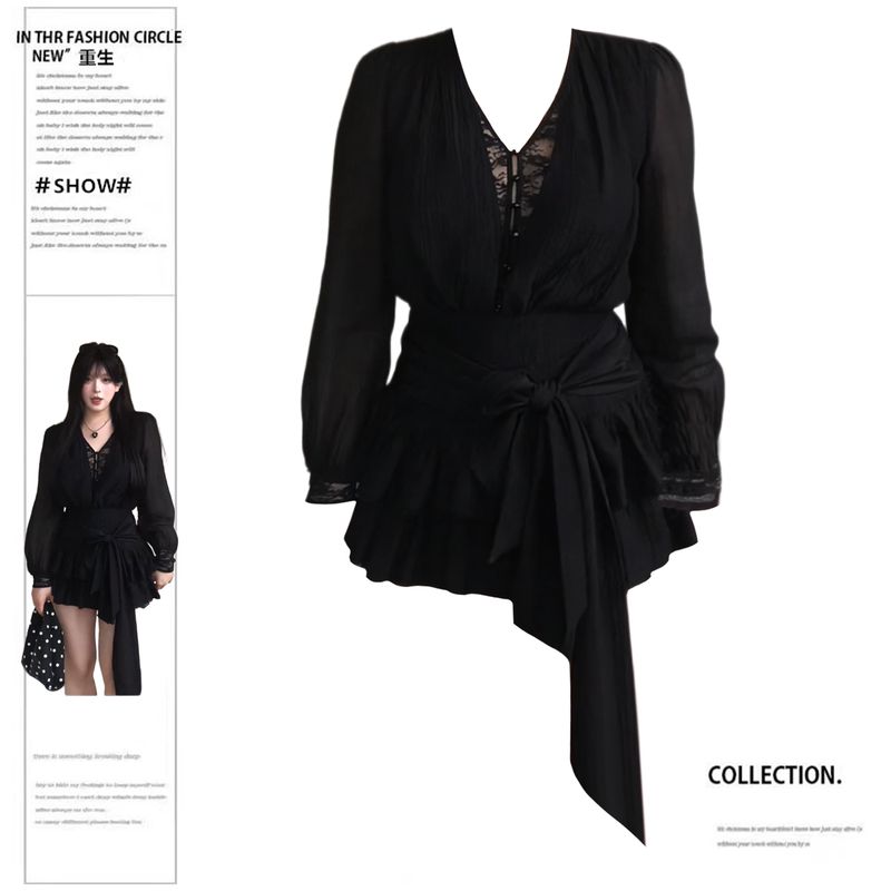 Rebirth-Style Slightly Chubby Girl's Sexy V-Neck Lace Patchwork Dress, Women's Black Long-Sleeve Waist-Cinching Tie Slimming Dress ins