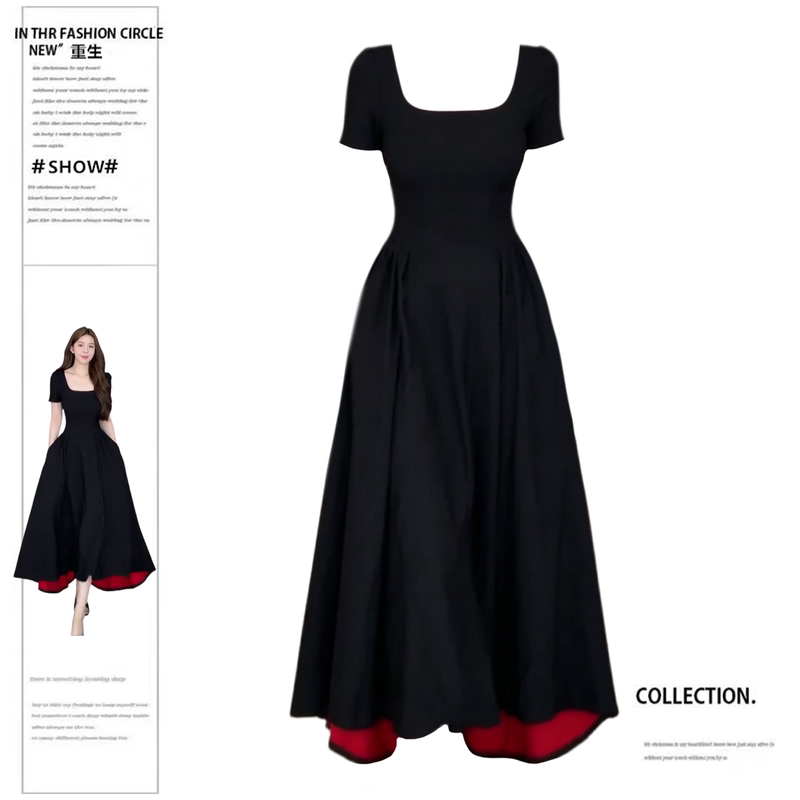 Rebirth Style Plus-Size Hepburn-Inspired Square-Neck Black Dress for Women, New Summer Model, Waist-Cinching, Slimming, Elegant Long Dress, French Style Rebirth Style Plus-Size Hepburn-Inspired Square-Neck Black Dress for Women, New Summer Model, Waist-Cinching, Slimming, Elegant Long Dress, French Style