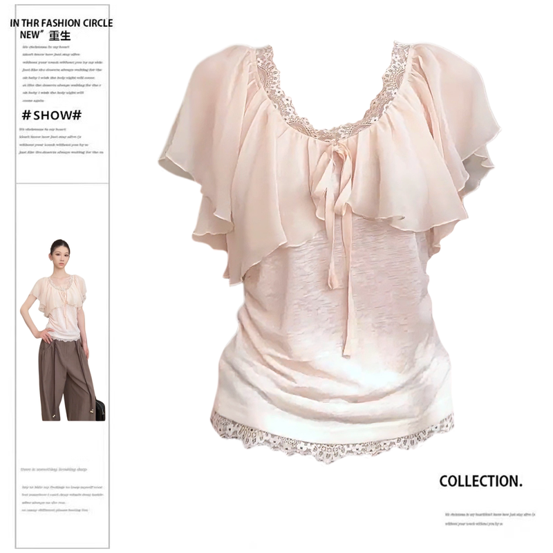 Sweet Style V-Neck Lace Top with Ruffled Sleeves for Slightly Chubby Women, Gentle and Elegant Korean-Style Pink Short-Sleeve Shirt