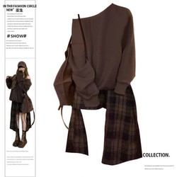 Early Autumn Slightly Fat mm Outfit, a Complete Set of Women's Slanted Shoulder Long-Sleeved Sweatshirts, Asymmetrical Plaid Skirts, Fashion Suits