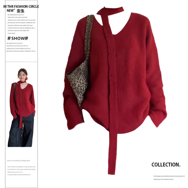 Rebirth Slightly Chubby Girl Red Christmas V-Neck Knitted Sweater Women's Autumn and Winter New Loose Lazy Style Soft Top Rebirth Slightly Chubby Girl Red Christmas V-Neck Knitted Sweater Women's Autumn and Winter New Loose Lazy Style Soft Top
