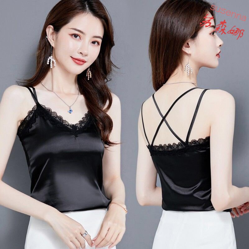 Spring and summer black lace Chiffon suspender small vest women show thin suit wear outside the sleeveless inner coat top