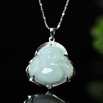 Natural old pit Jade A goods silver inlay Jade smile Buddha necklace choker women Jade Buddha 925 sterling silver inlay
