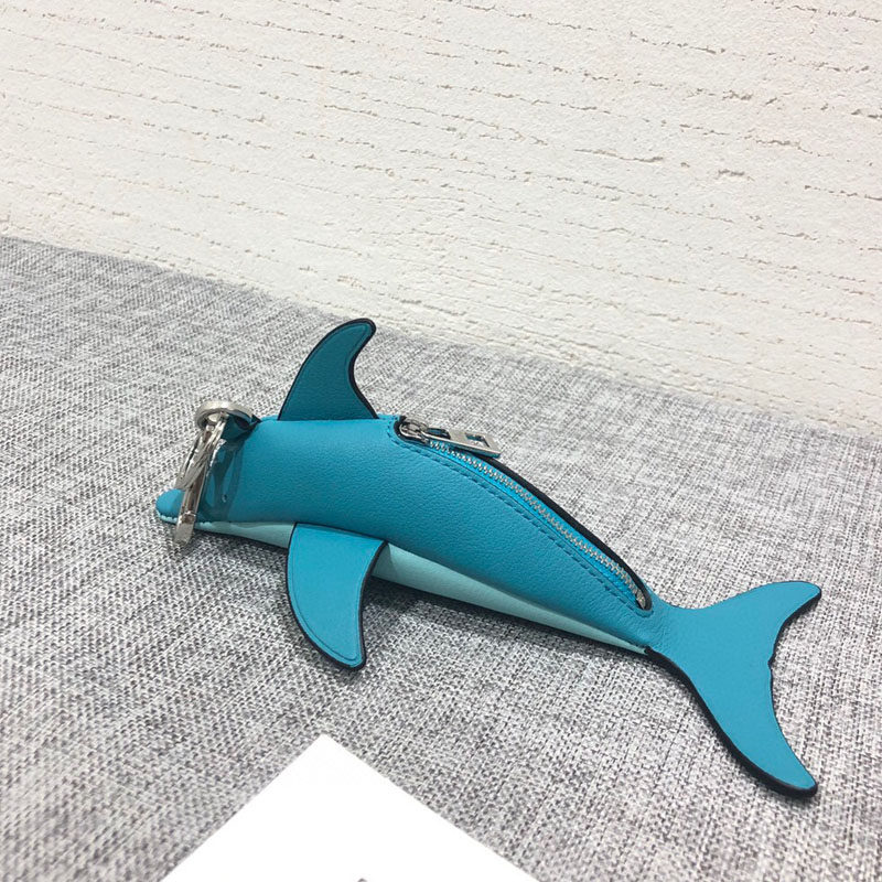 Little dolphin pendant classic calfskin coin purse contrast color pendant bag keychain cute mini size 14*4cm