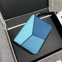 The new contrast stitching zipper card bag business card holder geometry color block classic front layer cowhide unisex style