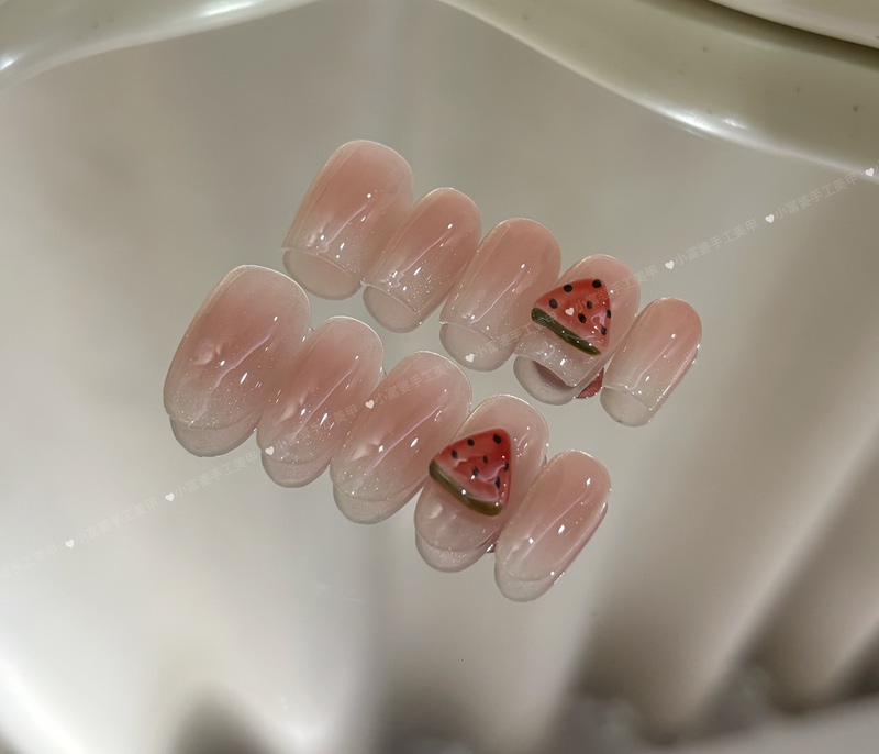 【Watermelon Oval】Little Rich Girl Summer Watermelon Squishy Wearable Nails Nude Pink Cat Eye Cute Hand-Painted Short Student Nail Art 【Watermelon Oval】Little Rich Girl Summer Watermelon Squishy Wearable Nails Nude Pink Cat Eye Cute Hand-Painted Short Student Nail Art