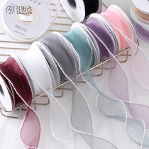 Pearl wave yarn with colored band widening butterfly knot silk with pearl side fish tail yarn ribbon with flowers packaging material