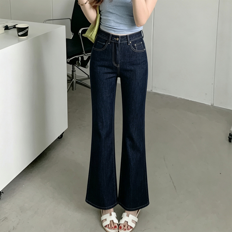 French Retro Denim Original Color Four-Way Stretch Petite High-Waisted Slim Fit Straight-Leg Flared Slimming Jeans