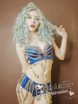 Night Elf New Bar GOGO Dance DS Suit Treasure Blue Bikini Gold Leaf Shiny Drill Flow Suact Out