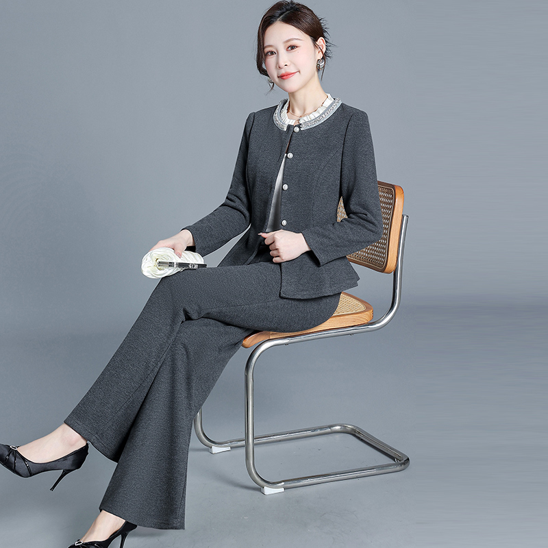 Dark Gray Fashionable Round-Neck Slim-Fit Short Jacket and Wide-Leg Pants Two-Piece Set 2026 Autumn New Lady's Suit