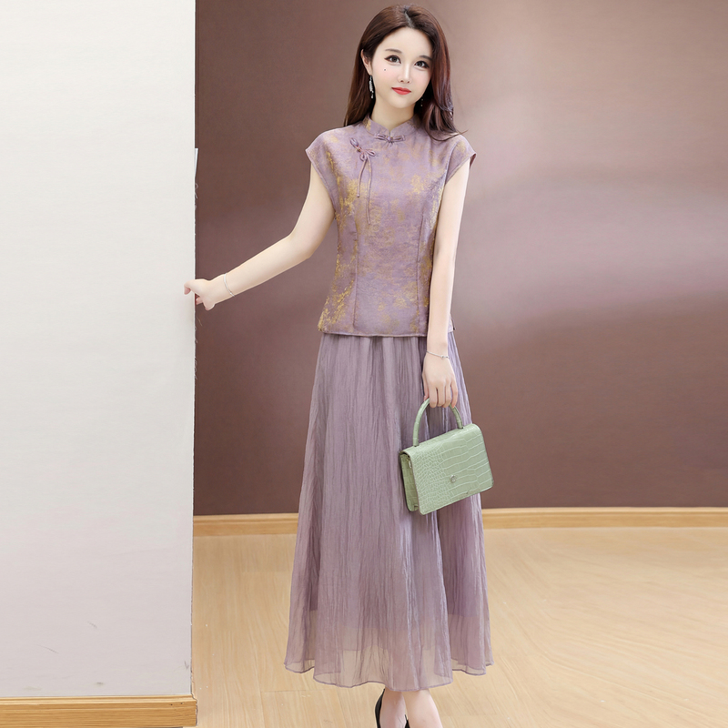 New Chinese-Style Gauze Skirt Suit, Fashionable Pullover Top and Half Skirt Two-Piece Set, 2026 Summer Noble Lady Mother's Skirt Suit New Chinese-Style Gauze Skirt Suit, Fashionable Pullover Top and Half Skirt Two-Piece Set, 2026 Summer Noble Lady Mother's Skirt Suit