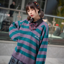 LIFEGIRL original winter new V-neck knitted striped sweater Long-sleeved color set head coat for women