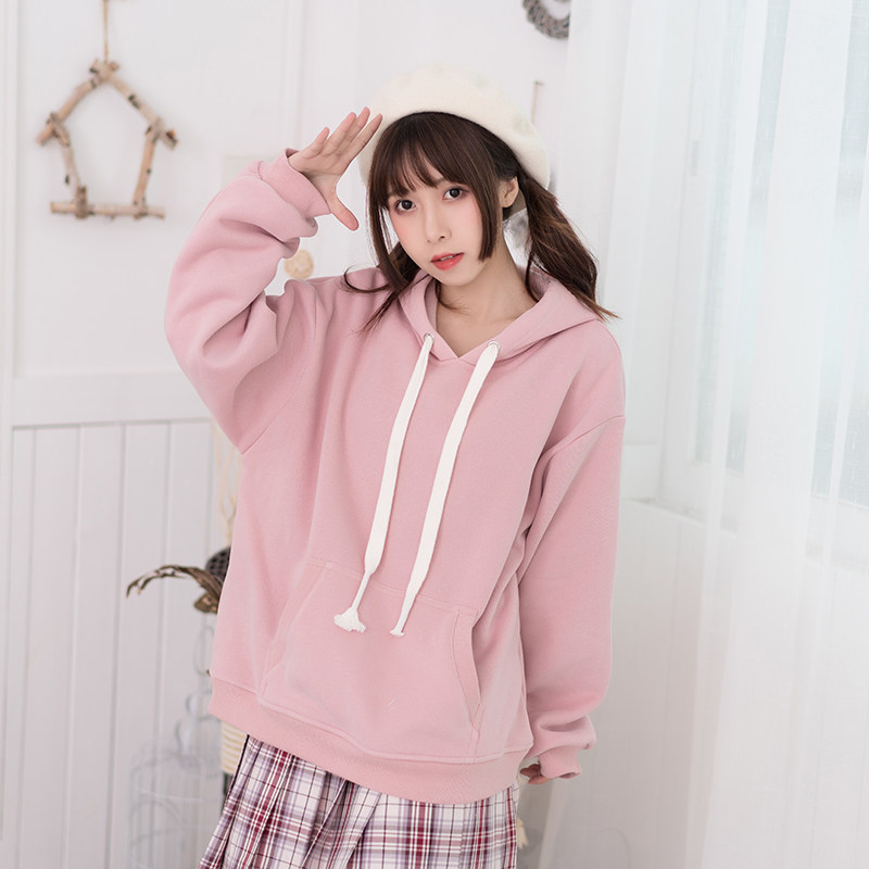 lifegirl mid-length sweater women's autumn and winter thickened velvet macaron Japanese loose long-sleeved hoodie