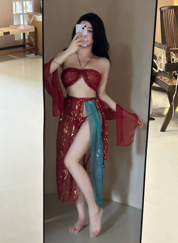 Phong cách cổ xưa dây cổ nhìn xuyên thấu hở lưng cosplay váy xẻ cao Hanfu đỏ nhà đồng phục Bộ đồ ngủ