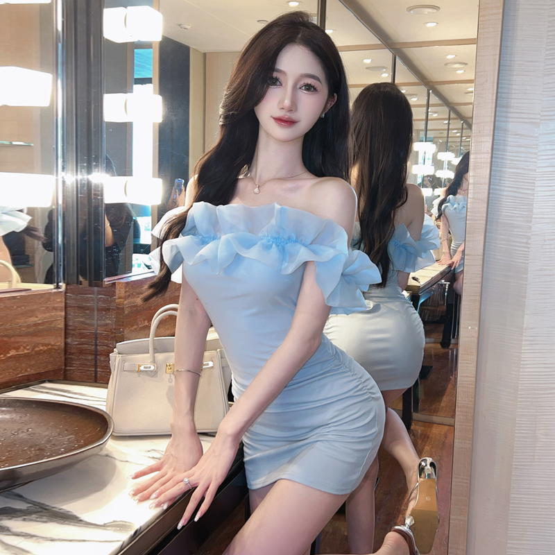 Sexy Socialite Mesh One-Shoulder Tube Top Mini Dress French Style Slim Fit High-End Short Dress for Women