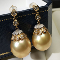 Philippine gold bead earrings 14-15M seawater pearl medium-long earrings inlaid with diamonds