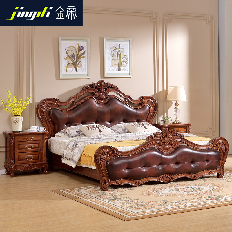 Shanghai Golden Empire All Teak Customize Furniture Pure Solid Wood European Style Upscale Cattle Leather Double Bed 1 81 5 Plant Direct Sale