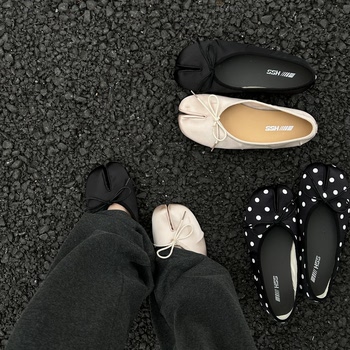 H55 women's shoes french mary jane spring and summer polka dot satin pumps flat bow ballet split-toe shoes