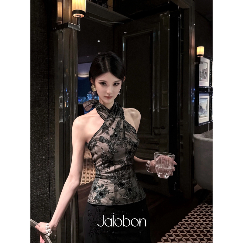 Jalobon Nude Mesh with Silver Thread and Sequin Embroidery |   Cross-Strap Lace Three-Dimensional Waist-Cinching Halter Top