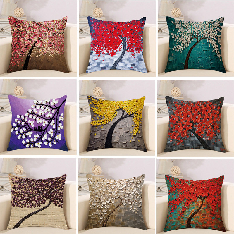 European oil painting fortune life tree pillow cushion cover Nordic sofa cushion oil painting tree linen pillow cover removable and washable