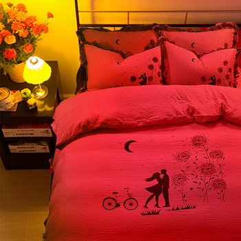Black and red wedding rose red lace high-end bedding set four-piece quilt cover sheets thickened washed cotton print