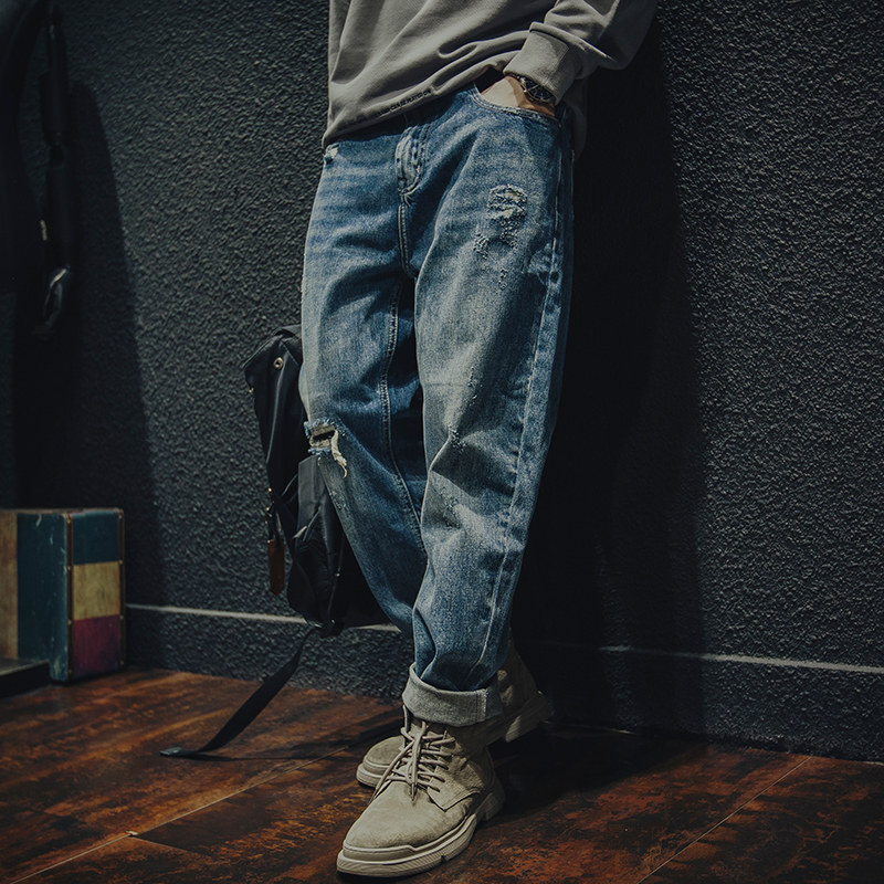 Spring break Hole Jeans Male Loose Tide Signs retro Big size trousers Long pants Spring and autumn Trend 100 lap Harun pants