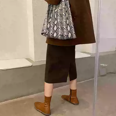 Anjiu moon skirt medium long version Women Winter with sweater simple joker brown skirt high waist split A- line dress
