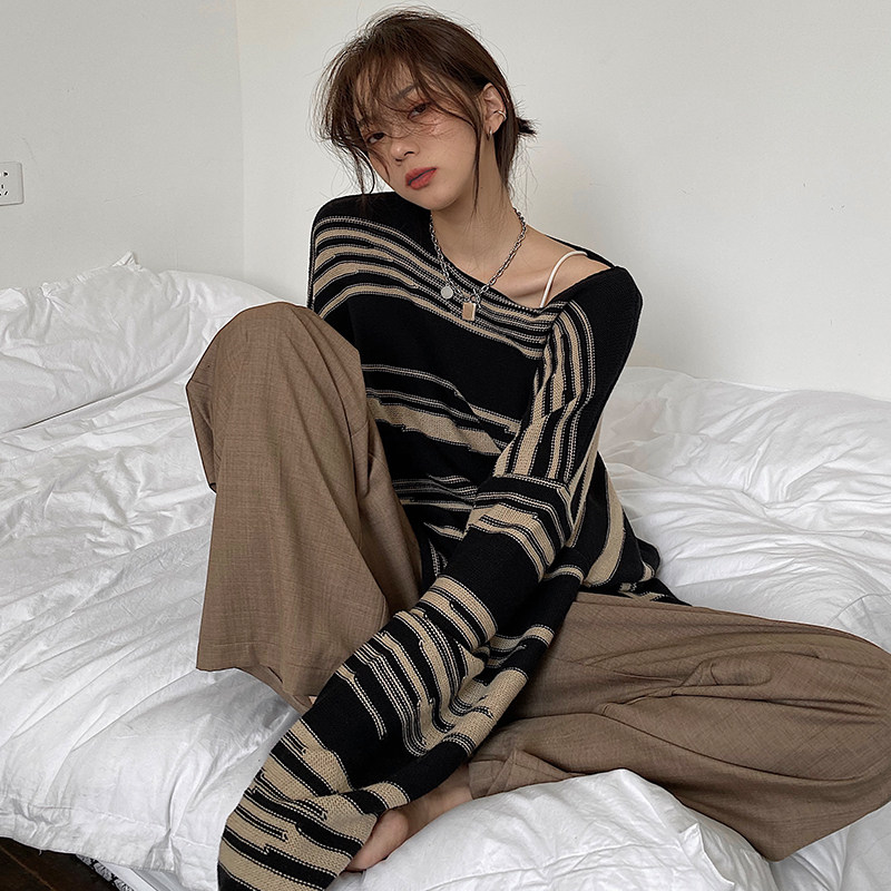 Anjiuyue Sweater Women's Loose Lazy Wind Spring and Autumn Shirt Pullover Round Neck Striped Knit Sweater Thin Long Sleeves