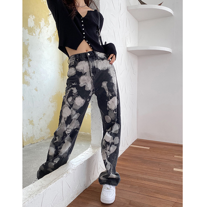 Anhui Monthly Fashion Frontline Floral Yearly Wazer Dye Jeans Women's Straight Loose High Waist Leg Pants