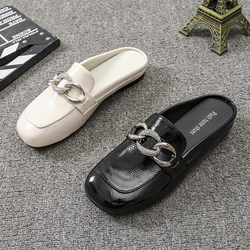 Baotou half slippers women's summer outer wear fashionable 2024 new style genuine leather rhinestone flat sandals without heel slippers