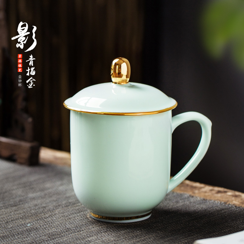 Jingdezhen ceramic cups with cover household ipads porcelain cup cup cyan gold mark cup custom office meeting