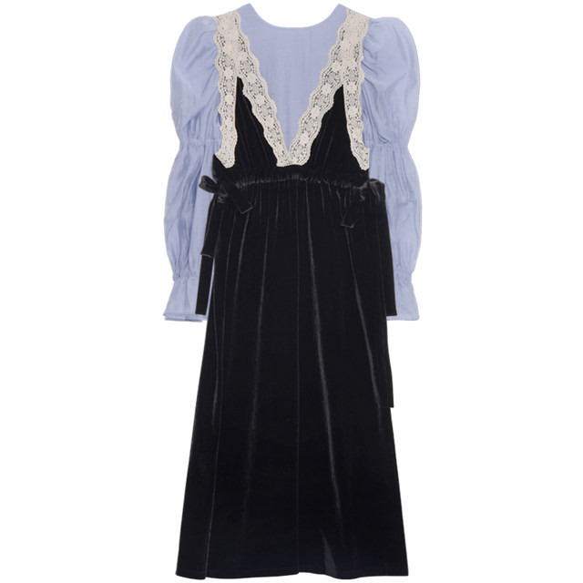 UPP dress two-piece set for women layered velvet French suspender long skirt + lantern sleeve Tencel shirt suit skirt