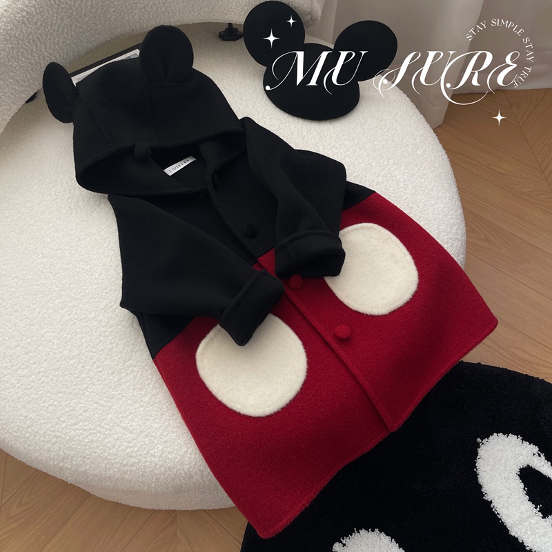 Mickey Mouse Cute Double-Sided Cashmere Coat Autumn and Winter Original New Handmade Woolen Mickey Mid-Length Hooded Coat Mickey Mouse Cute Double-Sided Cashmere Coat Autumn and Winter Original New Handmade Woolen Mickey Mid-Length Hooded Coat
