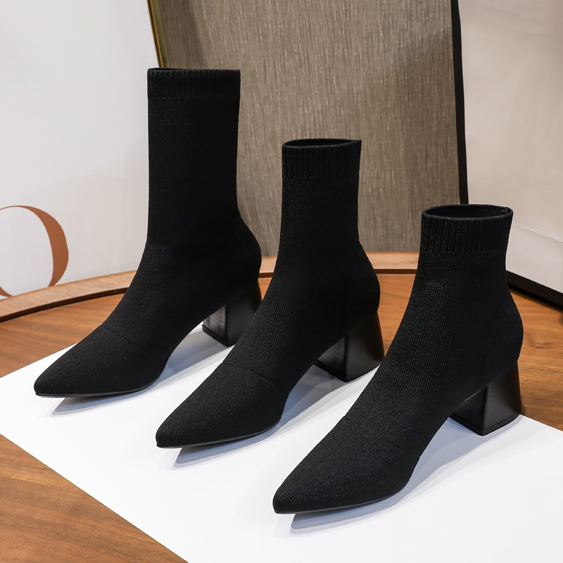 Knitted Chunky Heel Short Boots for Women 2026 Spring and Autumn Simple Versatile Pointed Toe Mid-Calf Professional Single Boots Ol Elastic Slimming Sock Boots Knitted Chunky Heel Short Boots for Women 2026 Spring and Autumn Simple Versatile Pointed Toe Mid-Calf Professional Single Boots Ol Elastic Slimming Sock Boots