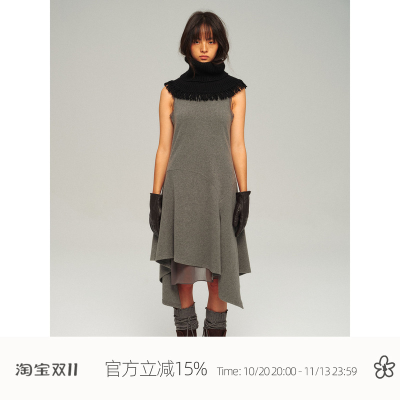 Neverseez French Retro Wool Blend Sleeveless Vest Dress for Women with Mesh Stitching and Asymmetrical Long Skirt
