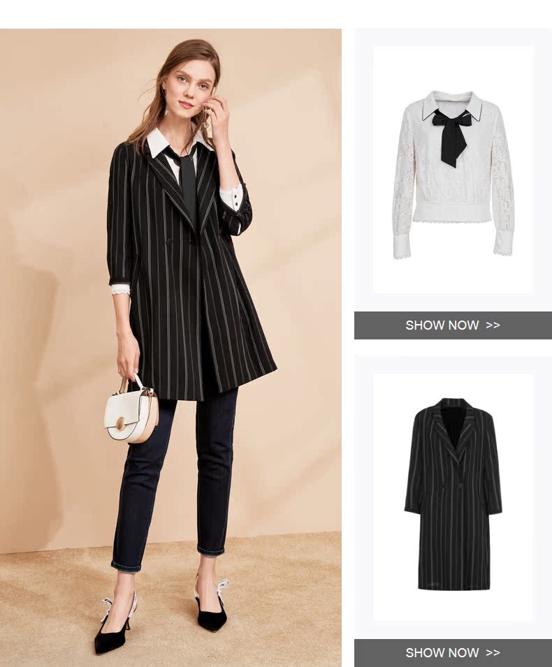 Leier sọc phù hợp với mùa thu 2019 mới của phụ nữ khí đen phù hợp với cổ áo áo khoác mỏng phần mỏng - Business Suit shop đầm đẹp