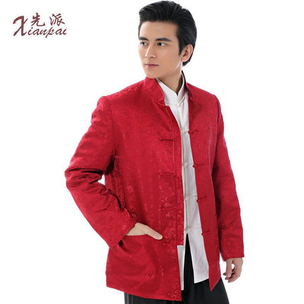 中国风中老年人红色秋冬季唐装男长袖外套中式