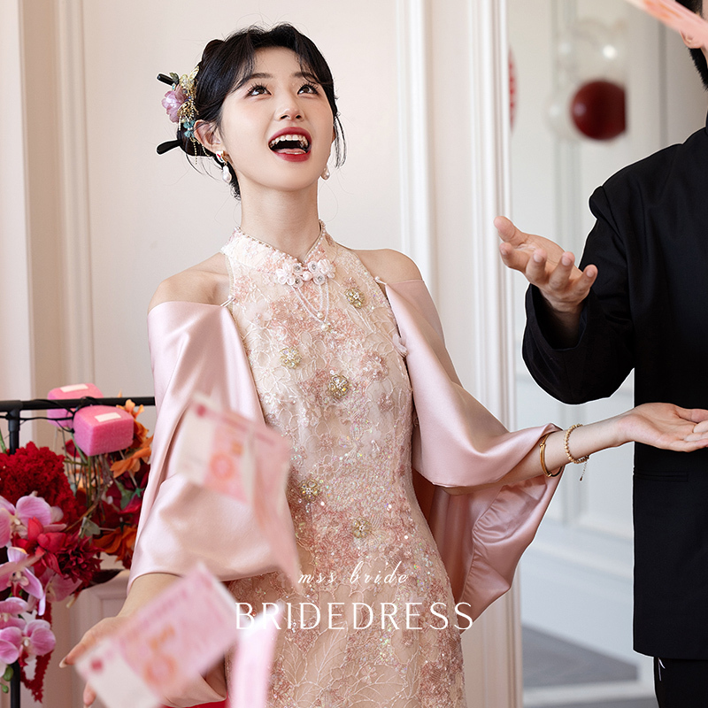Mingshangsha's "Peach Branches" Improved Engagement Cheongsam 2025 New Style Chinese-Style Elegant Girl's High-End Toast Dress
