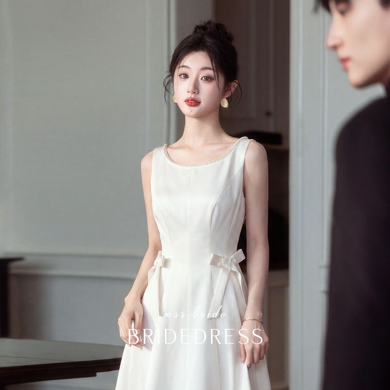 Mingshangsha【First Encounter】French-Style Engagement Dress, Bride's Elegant Dress for Marriage Registration, Simple White Dress, Everyday Dress