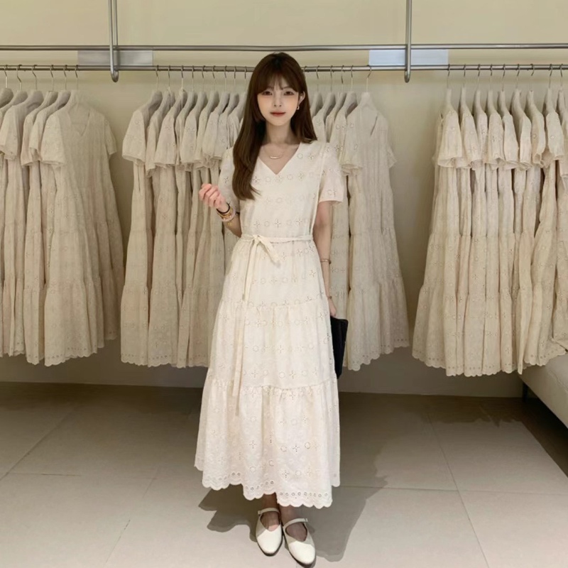 Overrich Summer Exquisite Pure Cotton Heavy Craft Hollow Crochet V-Neck Embroidered Dress Long Skirt for Women 24779 Overrich Summer Exquisite Pure Cotton Heavy Craft Hollow Crochet V-Neck Embroidered Dress Long Skirt for Women 24779